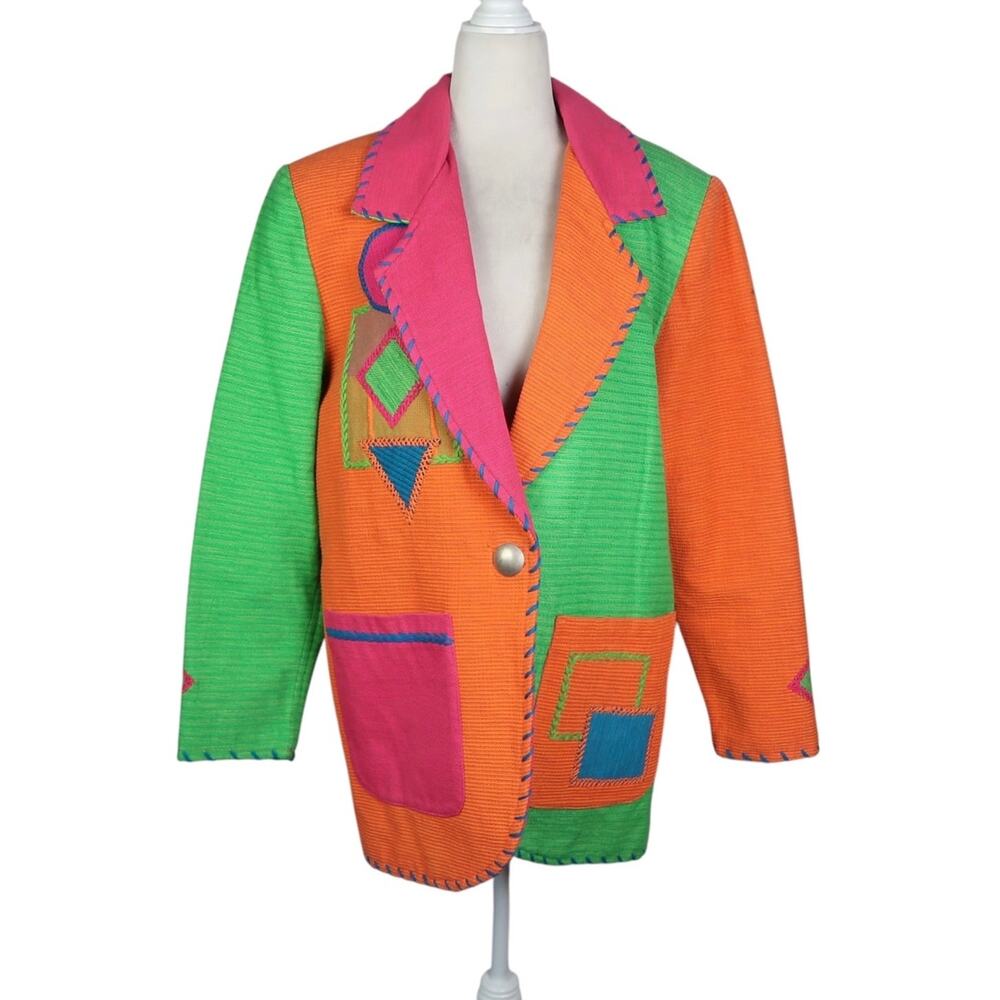 Vintage 80s Crystal Orange Pink Green Colorblock Patchwork Blazer Jacket S